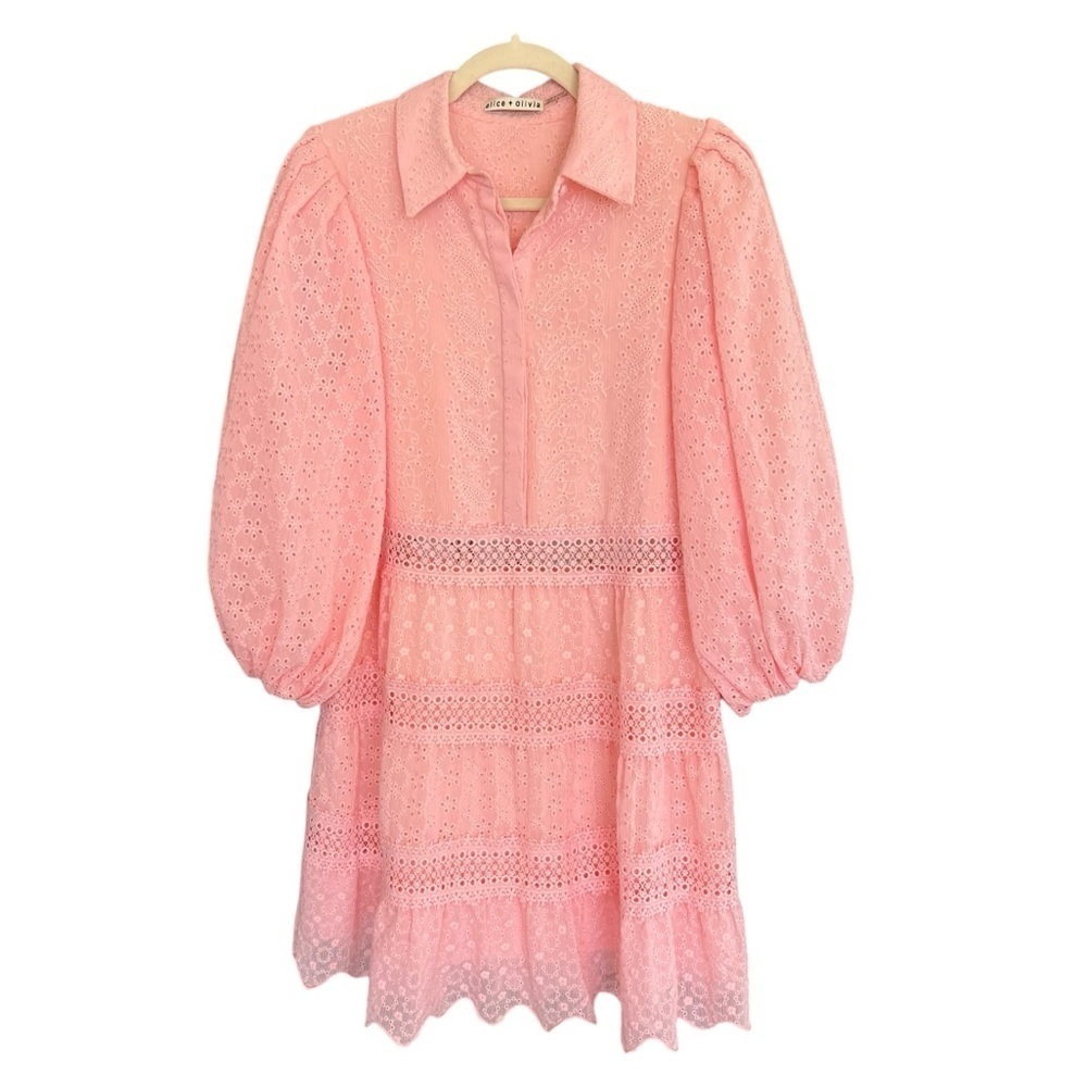 Alice + Olivia Blakesley Embroidered Lace Jacquard Tier Mini Dress Light Pink 6